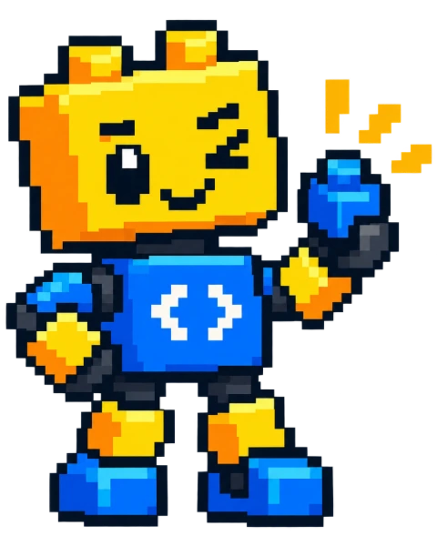 Mascote da Digital Bricks Lab em pixel art: um robô de cabeça amarela, feita de peça de montar, segurando blocos azuis